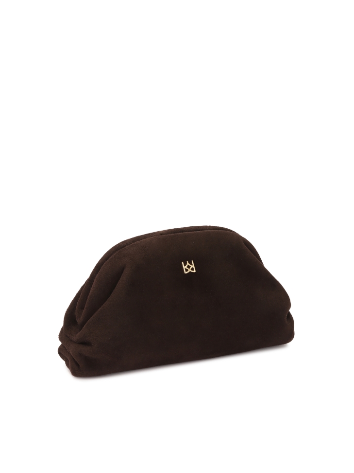 Suède bruine handtas met metalen frame GLOW