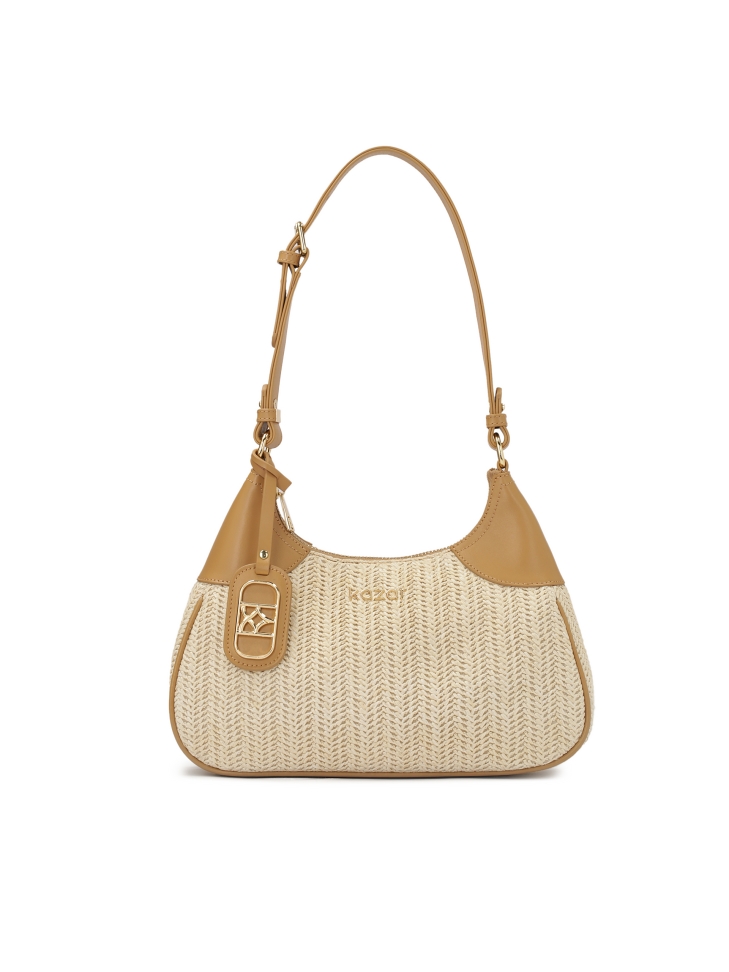 Beige gevlochten baguette handtas DARIEN