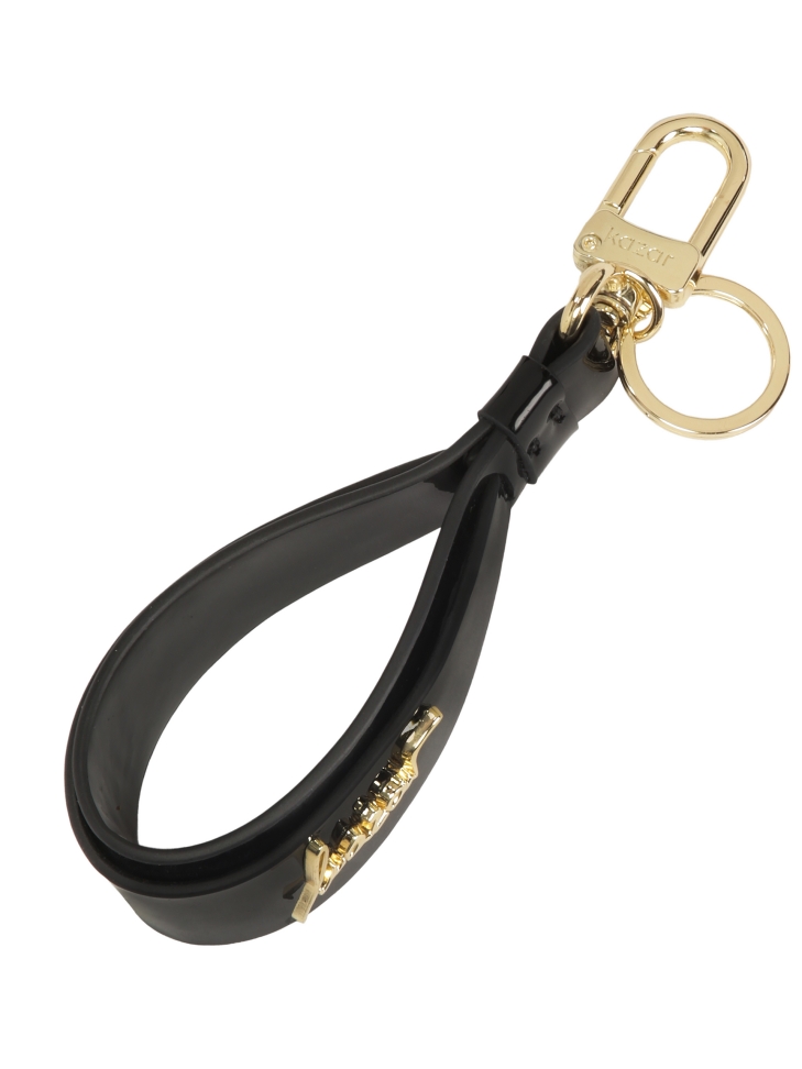 Zwarte sleutelhanger met leren band versierd met logo's LAINEY