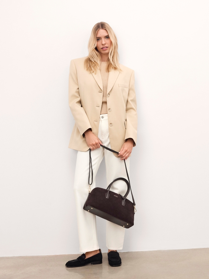 Suède bruine handtas met hengsels NIREYA